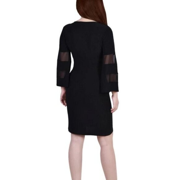 NY Collection Black Sheer-Sleeve Rhinestone Side Wrap Dress Petite Medium - Picture 4 of 4